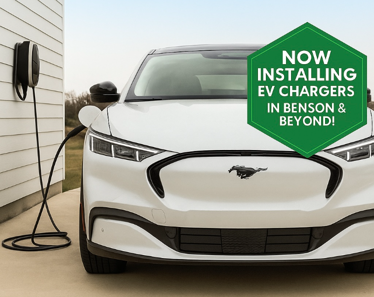 A modern electric vehicle charging at home, showcasing the Level 2 EV charger installation service by TW Electric Service Inc. in Benson, NC.
